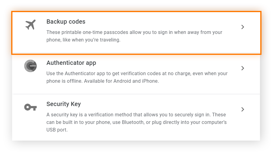 Google 帐户的 两步骤验证部分中的安全选项